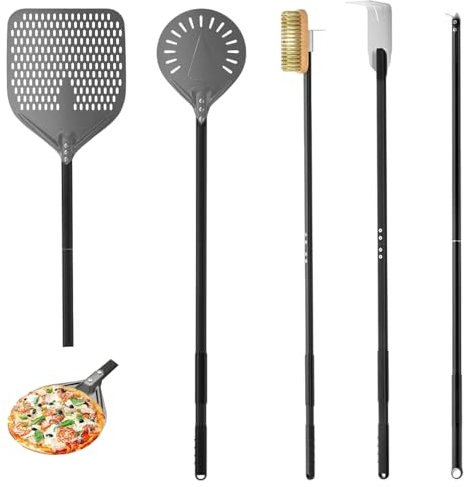 TAZZOR Pelle à pizza perforée de 30,5 cm, en aluminium anodisé dur, lot de 4, rectangulaire, professionnelle, avec poignée en silicone allongée, pour pizza, pain, gâteaux