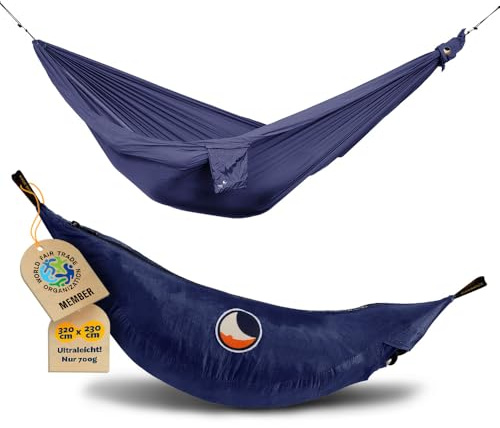 Ticket to the Moon Fallschirmhängematte King Size - Navy Blau | Hängematte Outdoor mit 320 x 230 cm & nur 700 g - leichte Hängematte mit einfachem Aufbau aus Nylon | Original seit 1996