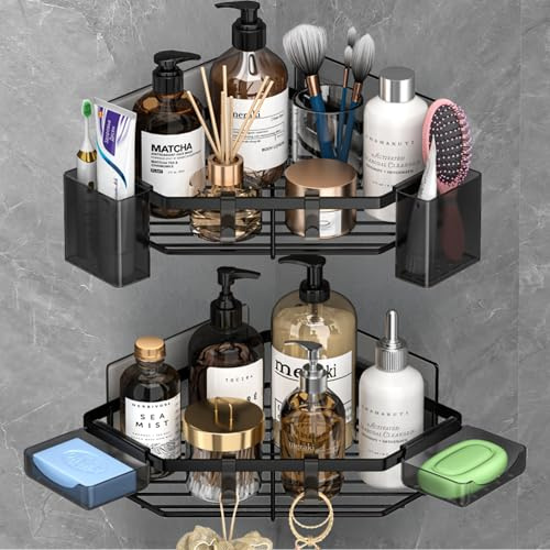 ADOV Étagère de douche d'angle autocollante avec porte-savon, étagère de douche en acier inoxydable, étagères de salle de bain sans perçage, étagère de rangement pour salle de bain avec crochets pour