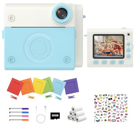 Appareil Photo Enfant, Appareil Photo Instantané, Écran Large avec Papier d'impression et Carte 32GB, Mode Video et Selfie, Cadres Photos, Jouet Cadeau pour Filles et Garçons Enfant de 3-14 Ans (Bleu)