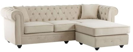 Vente-unique - Canapé d'angle Chesterfield réversible en Velours Beige Toledo