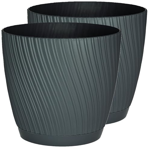 Home Garden Ornaments Plant Pots Indoor – Set of 2 with Drainage & Saucer Swing Indoor Plant Pot – Decorative Striped Flower Plastic Planter Design – 5 Colours & 6 Sizes (15cm / 5.9 inch Anthracite)