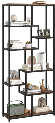 HOMCOM 7-Tier Bookshelf, Geometric Bookcase, Industrial Floor Standing Book Shelf, Open Display Shelving Unit for Living Room, Home Office and Bedroom, Rustic Brown and Black