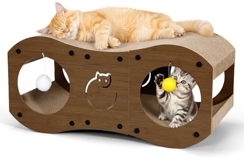 Gimars Griffoir Chat en Carton 3-en-1 avec Tunnel, Griffoir en Carton pour Chats avec Balles, Protection des Meubles, Style Bois (Noyer)