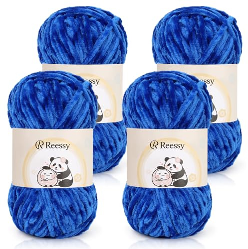 Reessy Chenille Yarn, 4 × 100g Soft Chunky Wool Set, Chunky Chenille Yarn for Crochet, Plush Velvet Fluffy Yarns Thick Knitting Wool for Crcochet Blanket, Handbag, DIY Amigurumi(Royal Blue)