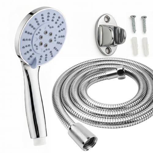 Alcachofa de Ducha Alta Presión con Manguera 1,5 m y Soporte – Cabezal de Ducha 5 Modos, Sistema Antical, Ahorro de Agua 30%, Universal, Cromado ABS, Fácil Instalación