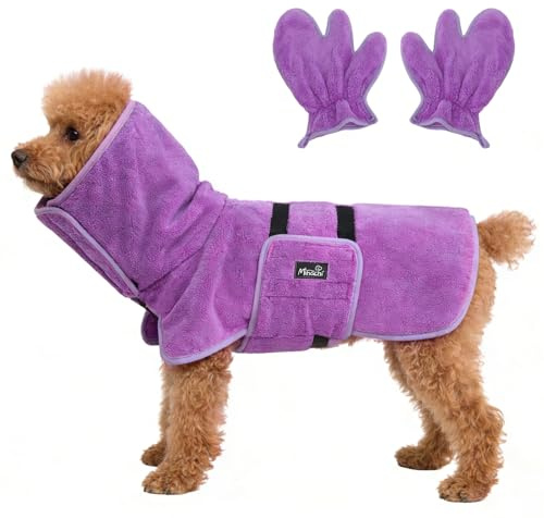 Mihachi Dog Bathrobe Towel Wrap Fast Drying with Drying Gloves Set, Super Absorbent Coral Fleece Dog Drying Coat Bath Robe for Puppy, Medium & Large Dogs, Adjustable Collar & Belly Strap, Purple M