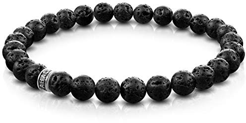 FABACH Lava Bracciale con perle di pietra preziosa da 6 mm e perla con logo in argento sterling 925, elegante bracciale elastico in pietra naturale per donna (nero), 14 centimeters, Pietra Gemma, Lava