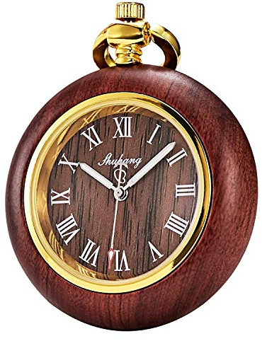 TREEWETO Orologio da taschino al Quarzo scheletro Steampunk Quadrante a forma di rame rosso in legno con scatola regalo a catena