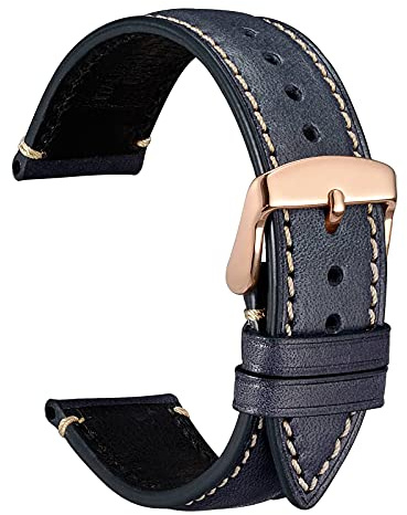 WOCCI 20mm Bracelet Montre pour Homme et Femme, Cuir Huilé Italien, Boucle Dorée Rose (Bleu Foncé)