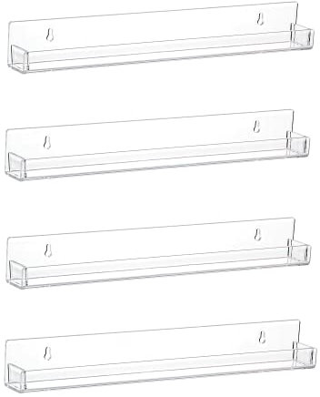 LikeU Nail Polish Rack Wall Mounted Shelf 4 Pack, Clear Acrylic Holder Organizer With Removable Anti-slip End Inserts, 4 Tiers Floating Display for 60 Bottles