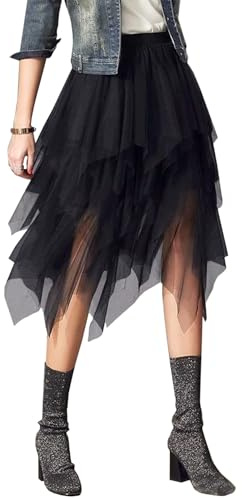 Tulle Skirts for Women 3 Layered High Low Asymmetrical Midi Length Elastic Waist Mesh Tutu Skirt (#1 Black)