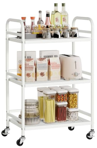 HDANI 3 Tier Rolling Cart,Heavy Duty Multifunctional Metal Frame-Supports 22 Lbs Per Tier,Rolling Cart with 2 Lockable Wheels for Office,Home,Bedroom,Kitchen,Bathroom (White)…