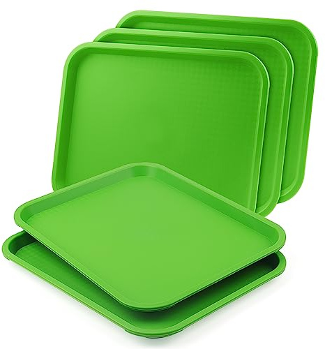 LEXININ 5 Pack 35 x 27cm Green Plastic Fast Food Trays, 13 x 10 Inch Small Rectangle Plastic Food Serving Trays for Drinks, Kitchen, Restaurant