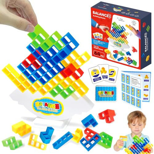 Tetra Tower Spiel, 64pcs Tetris Balance Spielzeug Tower Game, Kreative Stapelspiel Spielzeug, Stapelblöcke Balancing Spiel, Kinder Stapelturm Holz, Puzzlespiele Geschenke für Jungen und Mädchen