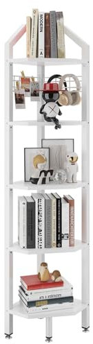 YMYNY Eckregal stehend, Bücherregal mit 5 Ablagen, Drahtgeflecht, 28x28x176cm, Leiterregal, Pflanzenregal für Wohnzimmer, Schlafzimmer, Küche, Balkon, Industrial-Design, Weiß HBR006W
