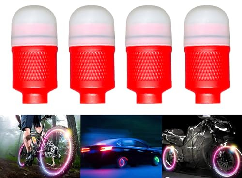YUERWOVER 4 Pack LED Bike Wheel Lights Car Tire Valve Stems Caps Bicycle Motorcycle Waterproof Tyre Spoke Flash Lights Cool Reflector Accessories for Kids Men Women with 6 Extra Batteries(Red)