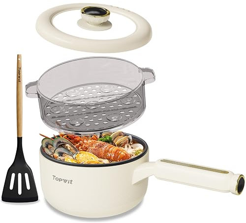 TOPWIT Hot Pot Electric with Steamer, 2L Multifunctional Electric Pot, Non-Stick Fring Pan, Portable Pot for Steak, Fried Rice, Ramen, Soup with Dual Power Control (Silicone Spatula Included), Beige