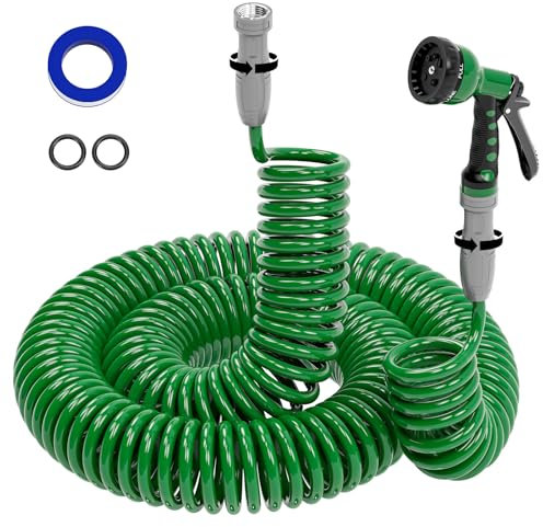 SPECILITE 3/8 Lightweight Coil Garden Hose 100FT, EVA Flexible Curly Water Pipes with 6-Pattern Spray Nozzle for Boat, Greenhouse, Yard, Patio, Green