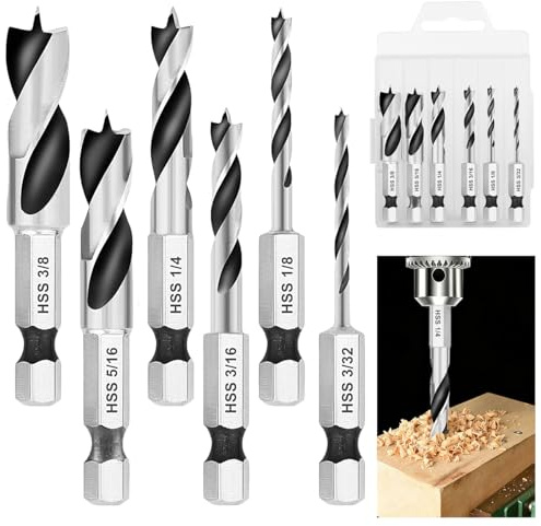 Vunanvu 6 Stück Klein Holzbohrer Sechskant Bohrer set holz Bohrer mit Sechskantschaft 6,35 mm Stubby Holzspiralbohrer Set mit Zentrierspitze Vorschneider Kurzbohrer für Holz Zubehör Bohrschrauber