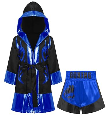 Eandarui barn, pojke, boxerkostym, långärmad, satin, huvkappa med bälte, muay thai shorts, kickboxing set för 5–16 år, svart, blå C 158–164