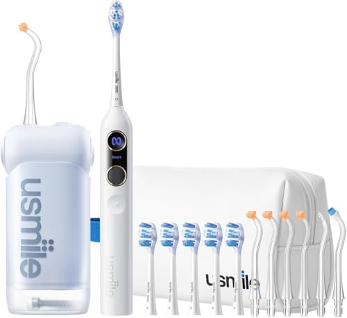 【Paquete 5 en 1】 Irrigador Bucal Portátil usmile C10 (Azul), Cepillo de Dientes Eléctrico Inteligente con IA Y20 PRO (Blanco), Boquillas Tipo S, Cabezales de Repuesto y Estuche de Viaje – Set C