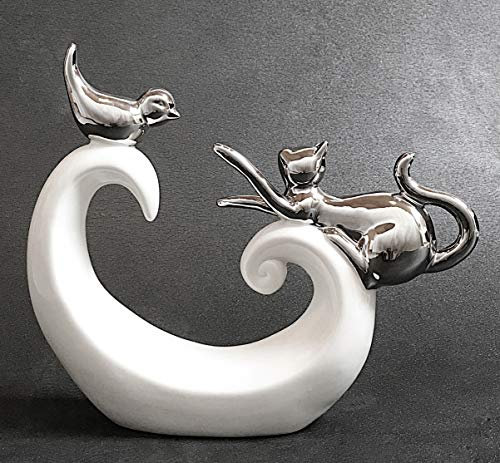 FeinKnick stilvolle Deko mit spielender Katze und Vogel - weiß & silber Katzen Dekoration aus Keramik - moderne Katzenfigur 20cm hoch
