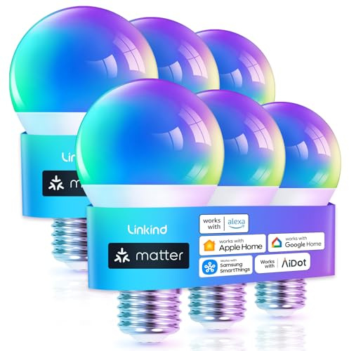 Linkind Matter Smart Light Bulb, WiFi Smart Bulbs, Work with Apple Home, Siri, Alexa, Google, SmartThings, RGBTW Color Changing Bulbs Mood Lighting, Music Sync, A19 E26 60W, 2.4Ghz WiFi 6 Pack