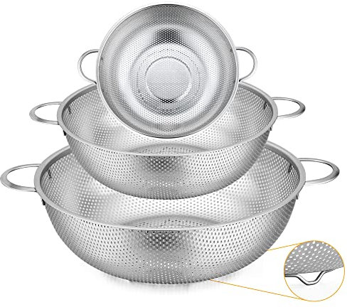 Joyfair Colander Set of 3, Stainless Steel Kitchen Colanders Strainers for Straining/Draining/Rinsing/Washing, Ideal for Food Rice Pasta Fruits Vegetable, Heavy Duty & Dishwasher Safe - 1/3/5 Quart