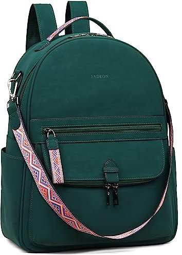 FADEON Leather Laptop Backpack for Women PU Computer Backpacks, Designer Travel Back Pack Purse with Laptop Compartment, Dark Green Nubuck Style, L, Leather Laptop Backpack Purse for Women Travel