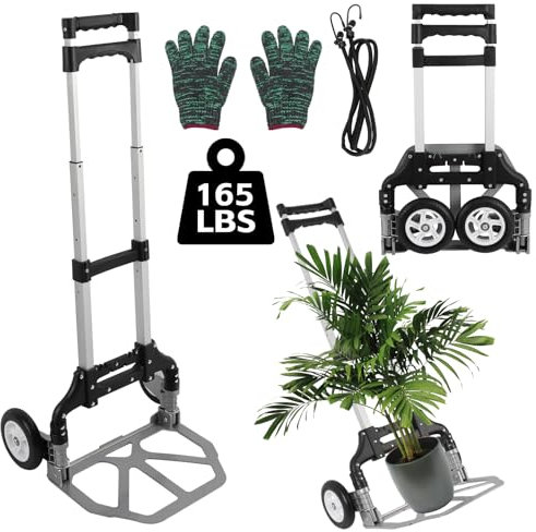 Kalolary Diable Pliable Chariot Pliable à roulettes avec 2 Roues Cordes Elastiques, Chariot de Transport pour la Maison, Le Bureau, Les Courses - Chargement Max. 165 lbs