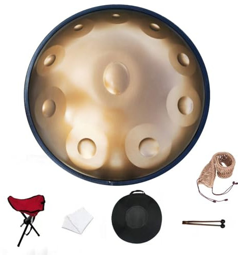 Elsebal Handpan Drum, 55,9 cm D Minor 10-Note 440 Hz Adult Steel Hand Drums (Gold) mit Handpan Trommel, 2 Testkoffer, Handtrommelständer, Musiknotenaufkleber, Ölpflege und Reinigungstuch