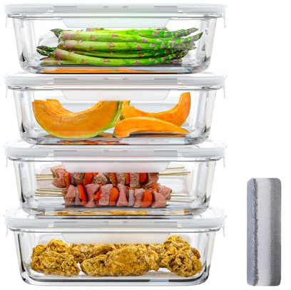 Bstask Glasbehälter Mit Deckel, Set of 4 Frischhaltedosen Glas Mit Deckel, Verstärkter Deckel mit Schnappverschluss, BPA Free Glasdose, Mikrowellen und gefriersicher - 1040ML