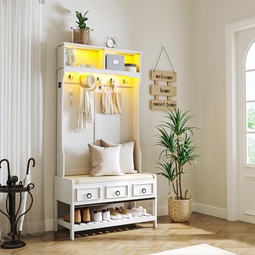 Gurexl 67” Farmhouse Hall Tree with Shoe Storage, Auto Sensor Wood Coat Tree with LED Lights, 3-in-1 Entryway Bench with Coat Rack, Hooks and Drawers for Hallway, Living Room, Bedroom (White)
