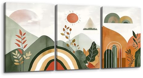 MHARTK66 Quadri Boho Soggiorno 3 pezzi, Stampe da Parete Paesaggio Astratto Verde, Quadro Camera da Letto Su Tela Sole Foglie Linea, Moderni Decorazioni Parete Bagno Cucina Ufficio Sala Da Pranzo