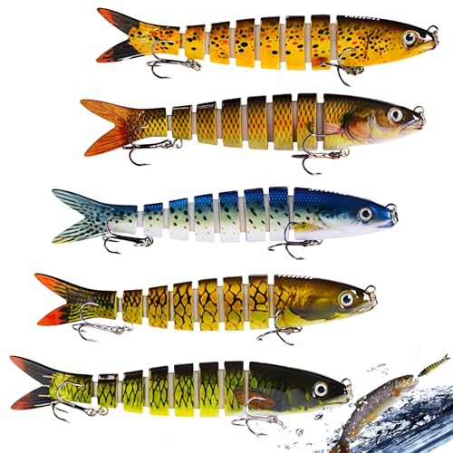 LEKEFETO Set di 5 esche artificiali da pesca con 2 ganci e scatola portaoggetti, esche per pesci per pesca in acqua dolce e acqua di mare, regalo per uomini