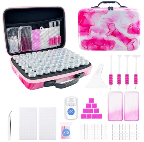 SuSentak Diamond Art Storage Containers with Dot Drill Tools,60 Slots Bead Organizer Case for 5D DIY Art Kits, Portable Craft Box for Diamond Painting Accessories (Pink)