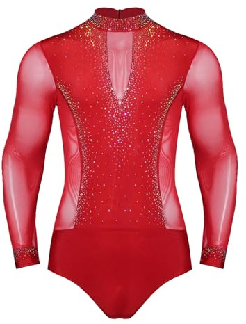 Freebily Body da Danza Classica Uomo Manica Lunga Camica Body da Ballo Latino Americano Tango Tuta Intera da Pattinaggio Artistico Bodysuit da Ginnastica con Rete Patchwork Rosso M