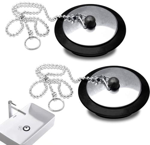 2 Pcs Kitchen Sink Plug Replacement, Bathroom Sink Plug Replacement Universal Bath Plug with Stainless Steel Chain, 4.3cm Black Rubber Drain Stopper for Kitchen Bathroom