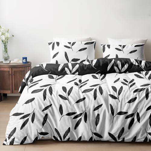 Dreamzie Bettwäsche Set 200x200 cm mit 2 Kissenbezügen 80x80 cm – Blumenmuster Schwarz-Weiß – Bettwäsche für Erwachsene aus 100% Mikrofaser – Oeko-Tex Zertifiziert – Ohne Schadstoffe