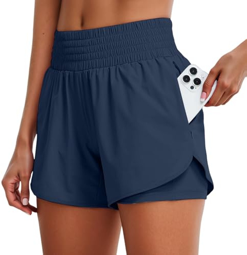 Short Course Femme, Yoga 2 en 1 Fitness Vêtements Jogging Trail Bermuda Séchage Rapide Sport Short Course a Pied Poches Zippées Taille Haute Tenue avec Doublure, Navy, M