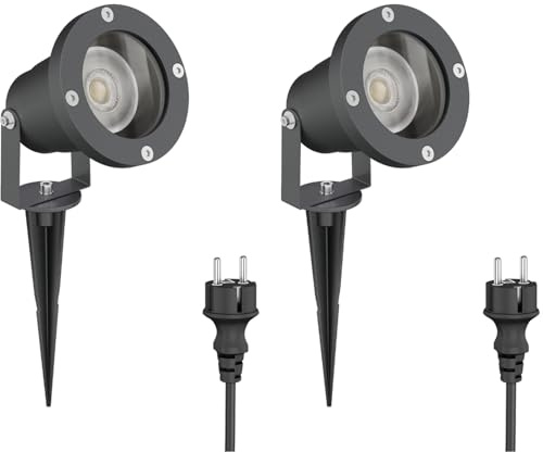 ledscom.de 2 st LED-trädgårdsstrålkastare DUK i antracit med jordspett för utomhusbruk, IP65, inkl. GU10-lampa (varmvitt, 7,6 W, 1103 lm, 33°)