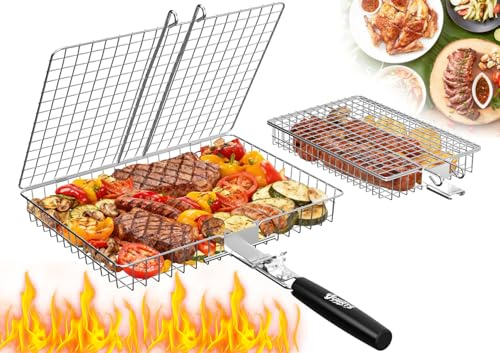 2PCS BBQ Grilling Basket with 1 Removable Wooden Handle, Foldable Stainless Steel Portable Camping Grill Basket for Vegetables, Fish, Meat & Seafood, Gifts for Men Dad Husband