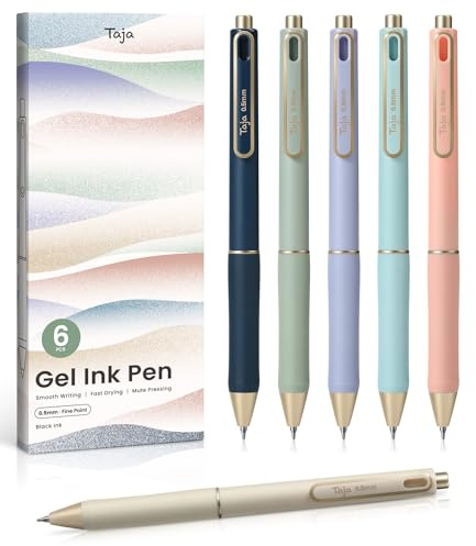 Taja Gel Pens, 6 Pcs Quick Dry Black Gel Ink Pens, 0.5mm Fine Point Smooth Writing Pens for Journaling and Note Taking, Cute Aesthetic Pens for Women & Men-Pastel