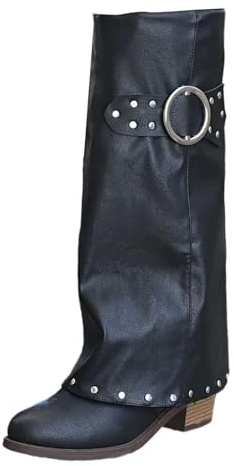 Generisch Bottes pour femme Shark Boots Slouchy Bottes larges Cowboy Hautes Confortables Bout pointu Talon Plateforme Longue Genou Bottes d'hiver chaudes en cuir Mode Confort, Noir , 38.5 EU