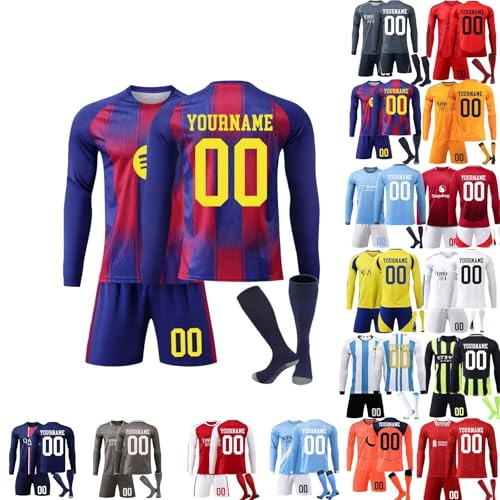 3pcs Personalized Football Training Shirts Shorts and Socks with Name Number Teamname,25/26 Home/Away Kits Long Sleeves,Season Soccer Jersy for Kids and Adults Men Women Boys Girls (13)