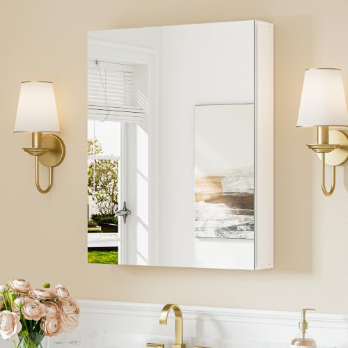 Keonjinn Bathroom Cabinets with Mirror - 50x65cm Aluminum bathroom Mirror Cabinets - Recessed Bathroom or Wall Mounted Cabinet with Stepless Adjustable Shelves - Modern Silver Bathroom Cabinet