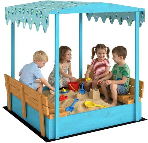 AIYAPLAY Bac à Sable en Bois avec Couvercle 3-6 Ans 134,5x127,5x130cm Bleu | Bac à Sable Enfant Extérieur, Siège Pliable, Espace de Rangement, Toile Imprimée Dinosaures, Fond Inclus