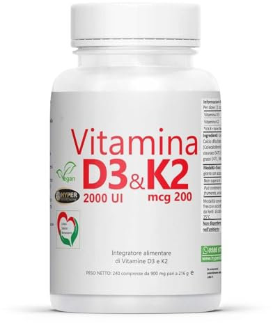 Hyper Vitamina D3 K2 con il Massimo Dosaggio Consentito - per Benessere di Denti, Articolazioni, Ossa e Sistema Immunitario - Integratore Vitamina D e Vitamina K2-2x240 Compresse Made in Italy.