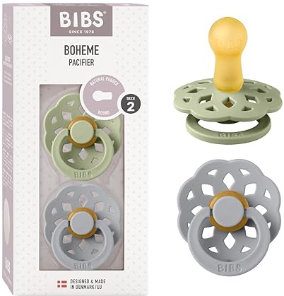 BIBS Boheme Soother 2-Pack. BPA Free, Round Nipple. Natural Rubber Latex, Made in Denmark. Size 2 (6-18 Months), Sage/Cloud